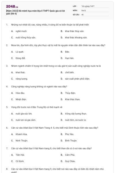 [Năm 2022] Đề minh họa môn Địa lí THPT Quốc gia có lời giải (Đề 6)