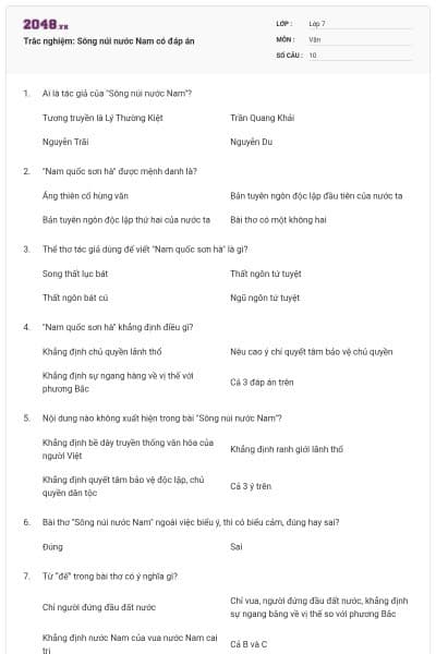 Trắc nghiệm: Sông núi nước Nam có đáp án