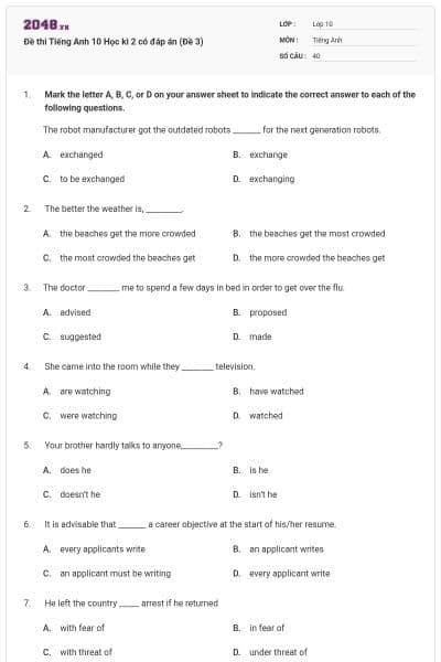 Đề thi Tiếng Anh 10 Học kì 2 có đáp án (Đề 3)
