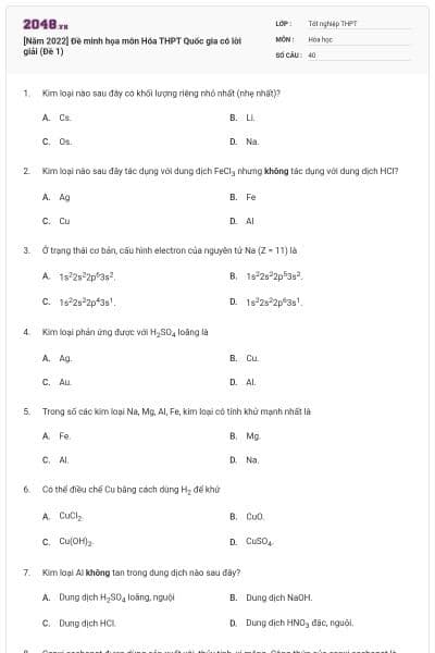 [Năm 2022] Đề minh họa môn Hóa THPT Quốc gia có lời giải (Đề 1)
