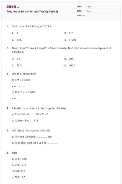 Tổng hợp Đề thi cuối kì I môn Toán lớp 5 (Đề 2)