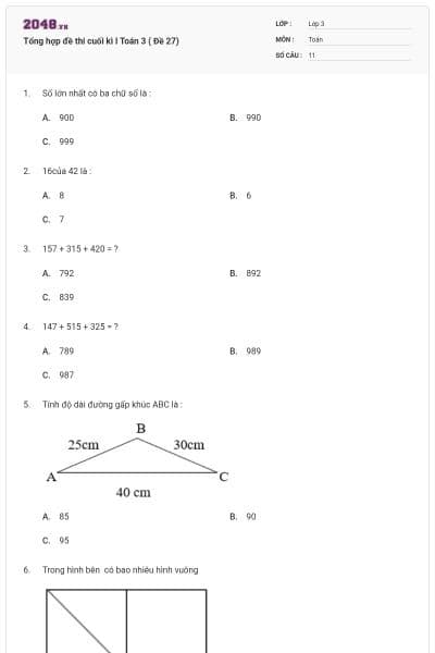 Tổng hợp đề thi cuối kì I Toán 3 ( Đề 27)