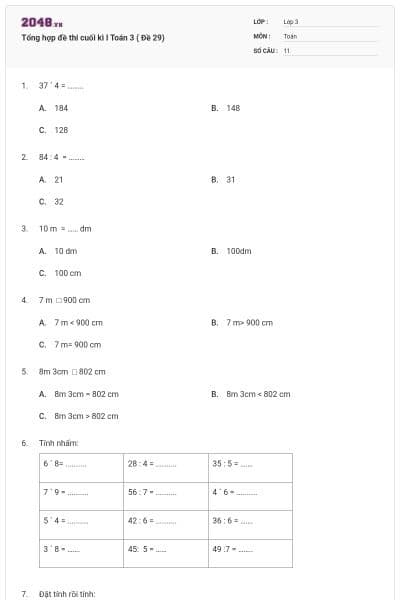 Tổng hợp đề thi cuối kì I Toán 3 ( Đề 29)