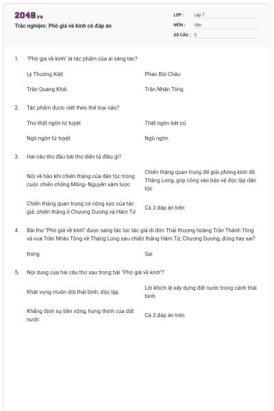 Trắc nghiệm: Phò giá về kinh có đáp án