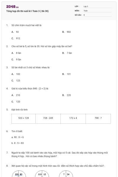 Tổng hợp đề thi cuối kì I Toán 3 ( Đề 30)