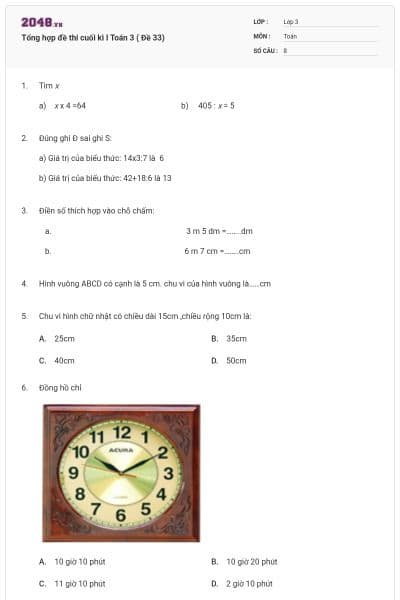 Tổng hợp đề thi cuối kì I Toán 3 ( Đề 33)