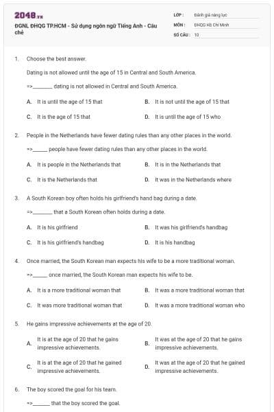 ĐGNL ĐHQG TP.HCM - Sử dụng ngôn ngữ Tiếng Anh - Câu chẻ