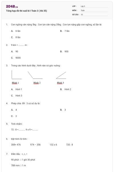Tổng hợp đề thi cuối kì I Toán 3 ( Đề 35)