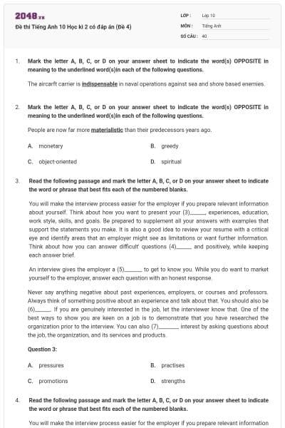 Đề thi Tiếng Anh 10 Học kì 2 có đáp án (Đề 4)