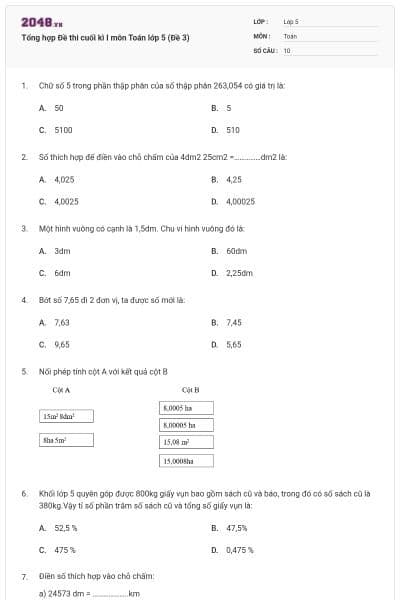 Tổng hợp Đề thi cuối kì I môn Toán lớp 5 (Đề 3)