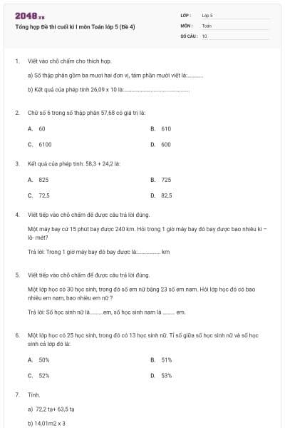 Tổng hợp Đề thi cuối kì I môn Toán lớp 5 (Đề 4)