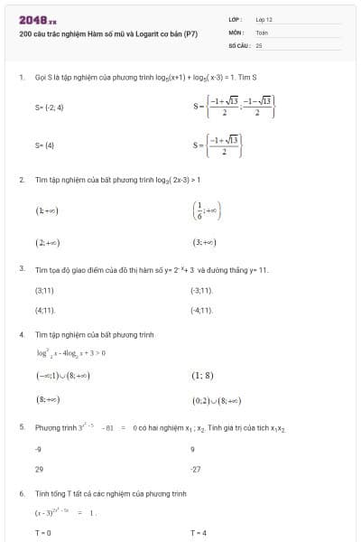 200 câu trắc nghiệm Hàm số mũ và Logarit cơ bản (P7)