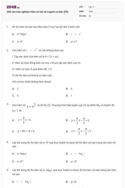200 câu trắc nghiệm Hàm số mũ và Logarit cơ bản (P5)