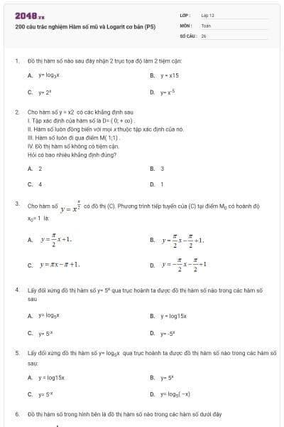 200 câu trắc nghiệm Hàm số mũ và Logarit cơ bản (P5)