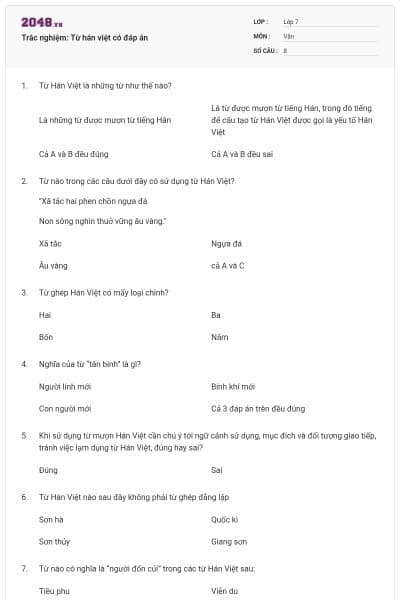 Trắc nghiệm: Từ hán việt có đáp án