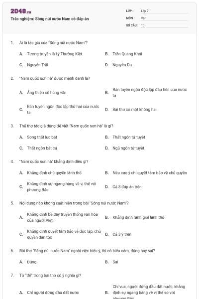 Trắc nghiệm: Sông núi nước Nam có đáp án