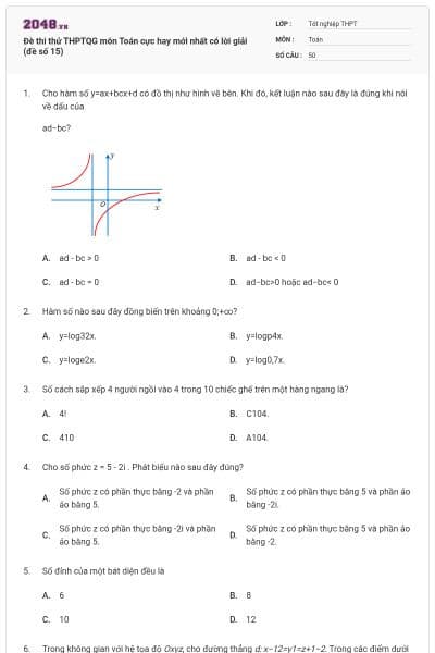 Đè thi thử THPTQG môn Toán cực hay mới nhất có lời giải (đề số 15)