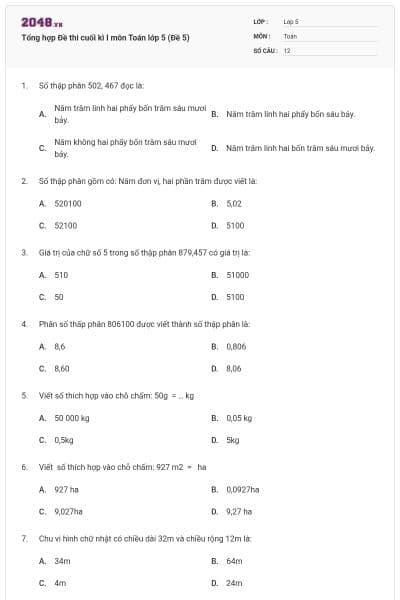 Tổng hợp Đề thi cuối kì I môn Toán lớp 5 (Đề 5)