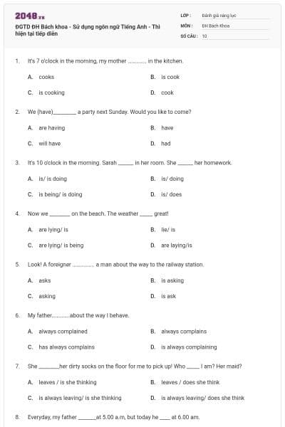 ĐGTD ĐH Bách khoa - Sử dụng ngôn ngữ Tiếng Anh - Thì hiện tại tiếp diễn