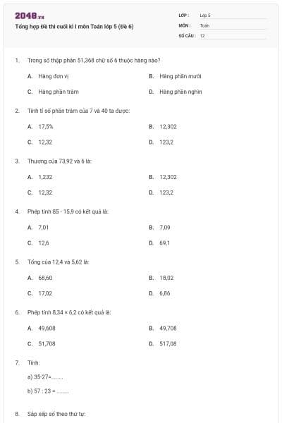 Tổng hợp Đề thi cuối kì I môn Toán lớp 5 (Đề 6)