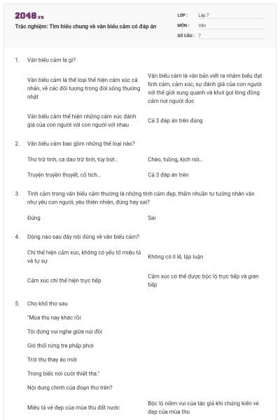 Trắc nghiệm: Tìm hiểu chung về văn biểu cảm có đáp án