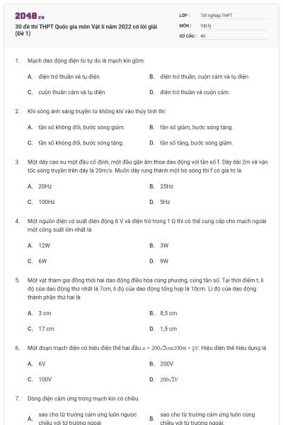 30 đề thi THPT Quốc gia môn Vật lí năm 2022 có lời giải (Đề 1)