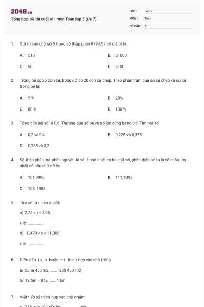 Tổng hợp Đề thi cuối kì I môn Toán lớp 5 (Đề 7)