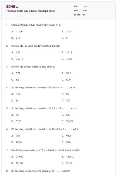 Tổng hợp Đề thi cuối kì I môn Toán lớp 5 (Đề 8)