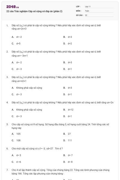 22 câu Trắc nghiệm Cấp số cộng có đáp án (phần 2)