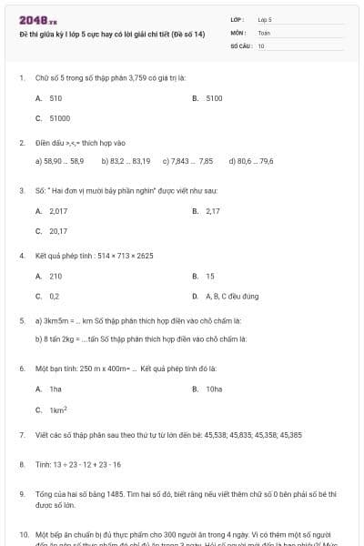 Đề thi giữa kỳ I lớp 5 cực hay có lời giải chi tiết (Đề số 14)