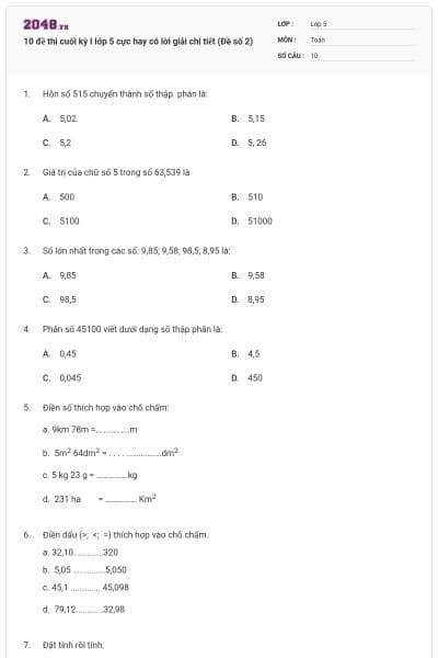 10 đề thi cuối kỳ I lớp 5 cực hay có lời giải chi tiết (Đề số 2)