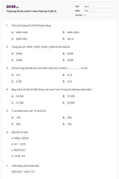 Tổng hợp Đề thi cuối kì I môn Toán lớp 5 (Đề 9)