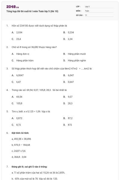 Tổng hợp Đề thi cuối kì I môn Toán lớp 5 (Đề 10)