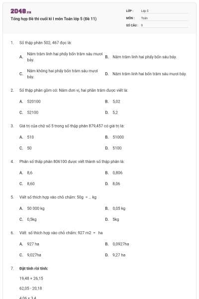 Tổng hợp Đề thi cuối kì I môn Toán lớp 5 (Đề 11)