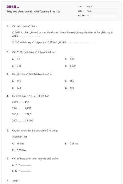Tổng hợp Đề thi cuối kì I môn Toán lớp 5 (Đề 12)