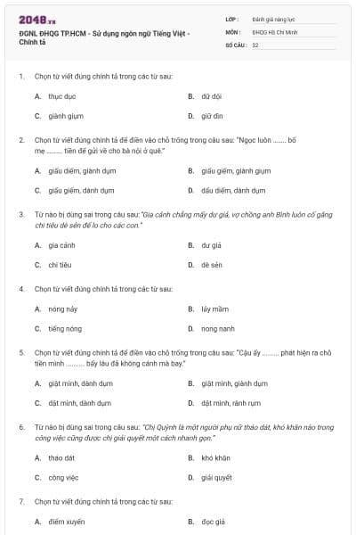 ĐGNL ĐHQG TP.HCM - Sử dụng ngôn ngữ Tiếng Việt - Chính tả