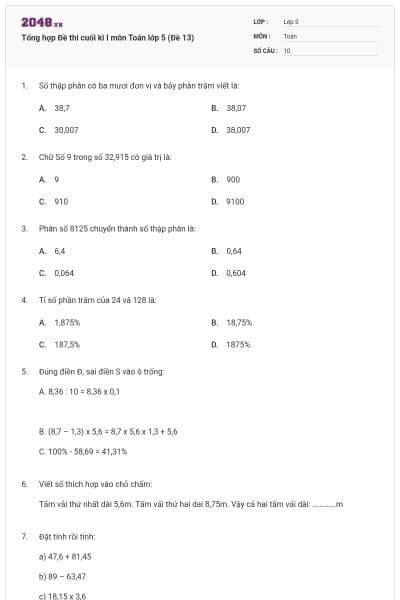 Tổng hợp Đề thi cuối kì I môn Toán lớp 5 (Đề 13)