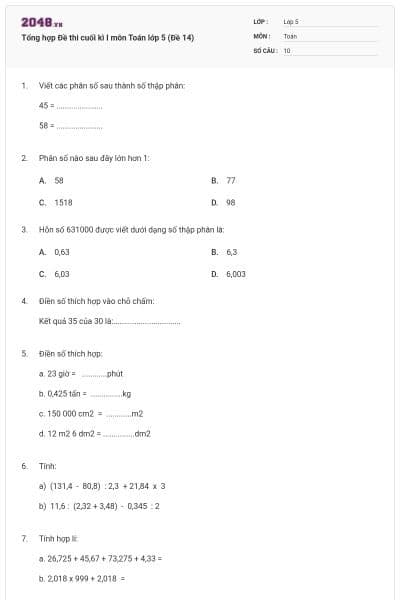 Tổng hợp Đề thi cuối kì I môn Toán lớp 5 (Đề 14)