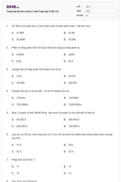 Tổng hợp Đề thi cuối kì I môn Toán lớp 5 (Đề 15)