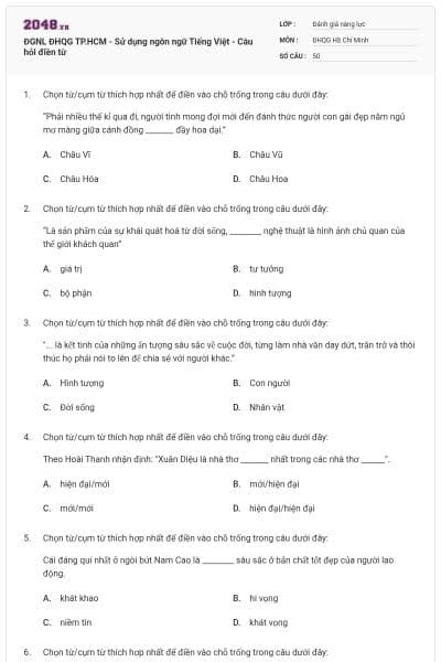 ĐGNL ĐHQG TP.HCM - Sử dụng ngôn ngữ Tiếng Việt - Câu hỏi điền từ
