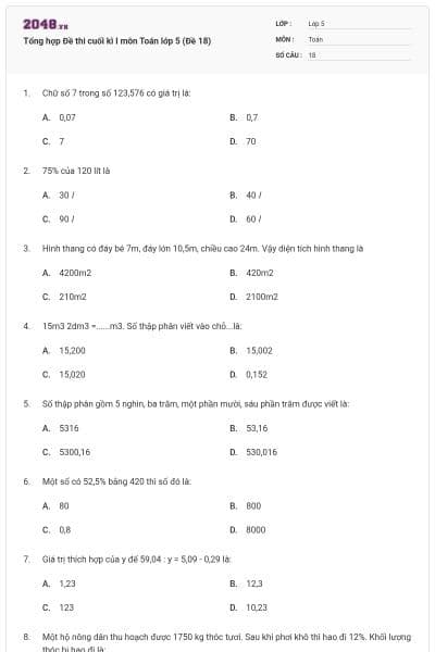 Tổng hợp Đề thi cuối kì I môn Toán lớp 5 (Đề 18)