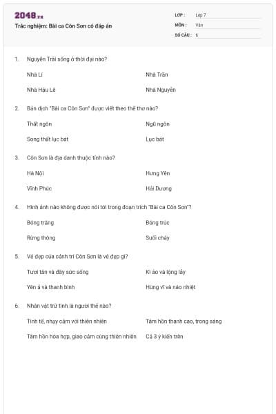 Trắc nghiệm: Bài ca Côn Sơn có đáp án