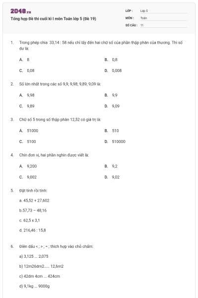 Tổng hợp Đề thi cuối kì I môn Toán lớp 5 (Đề 19)