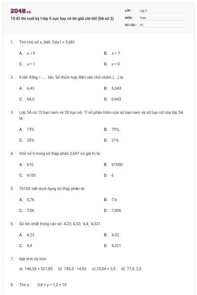 10 đề thi cuối kỳ I lớp 5 cực hay có lời giải chi tiết (Đề số 3)