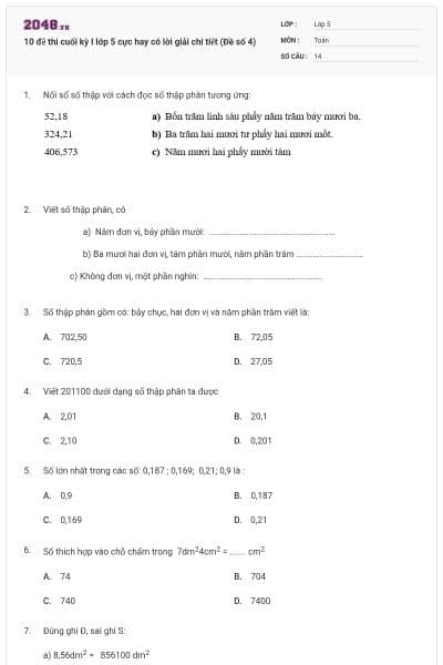 10 đề thi cuối kỳ I lớp 5 cực hay có lời giải chi tiết (Đề số 4)