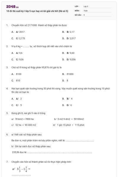10 đề thi cuối kỳ I lớp 5 cực hay có lời giải chi tiết (Đề số 5)