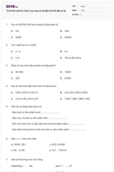 10 đề thi cuối kỳ I lớp 5 cực hay có lời giải chi tiết (Đề số 6)