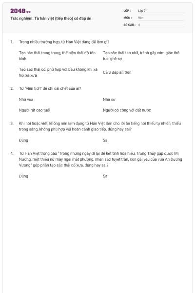 Trắc nghiệm: Từ hán việt (tiếp theo) có đáp án