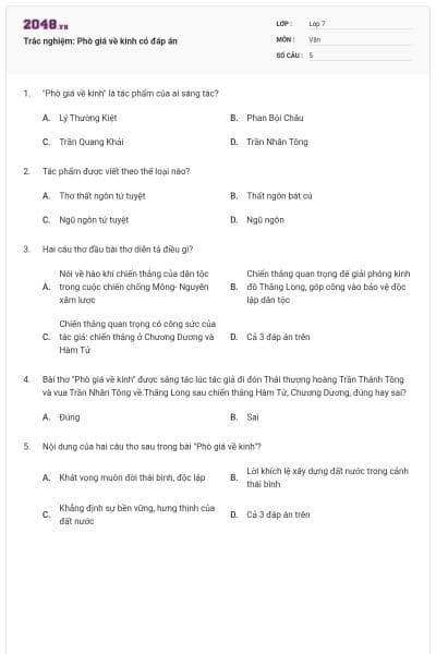 Trắc nghiệm: Phò giá về kinh có đáp án