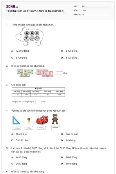 10 bài tập Toán lớp 3: Tiền Việt Nam có đáp án (Phần 1)